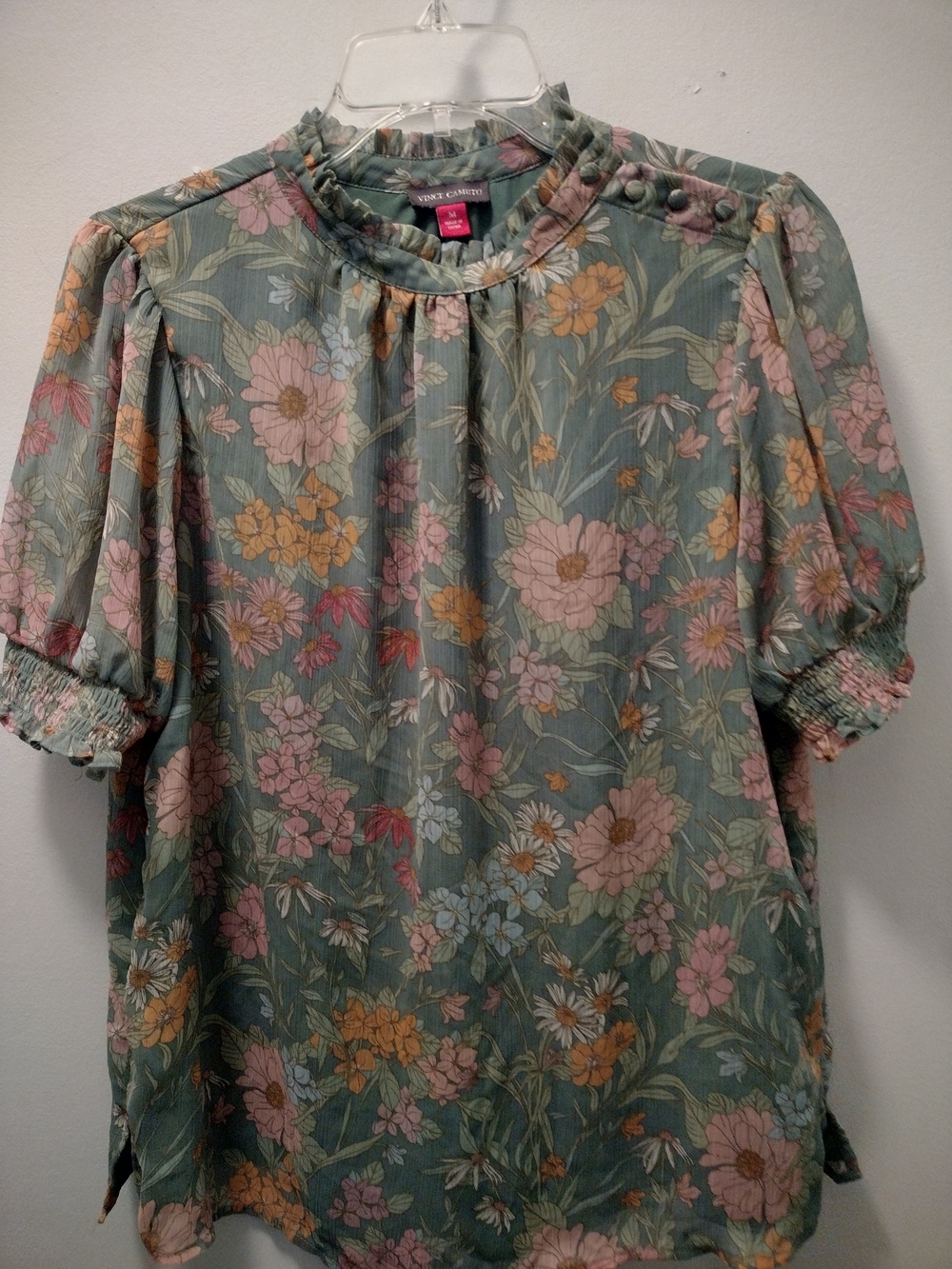 Vince Camuto Floral Puff Sleeve Blouse in Sage Green with Pink and Mustard